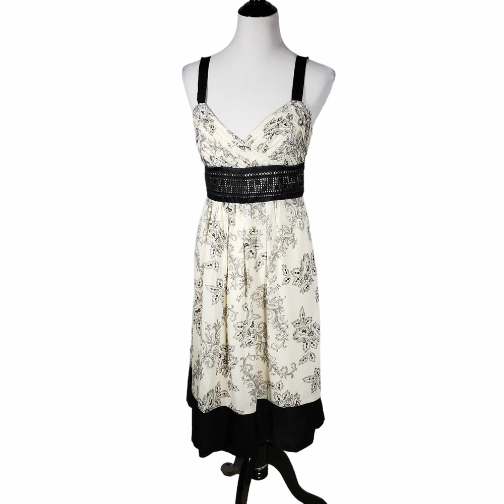 Eliza J Women's size 6 Cream & Black Floral Lace Panel Ribbon Strap Dress